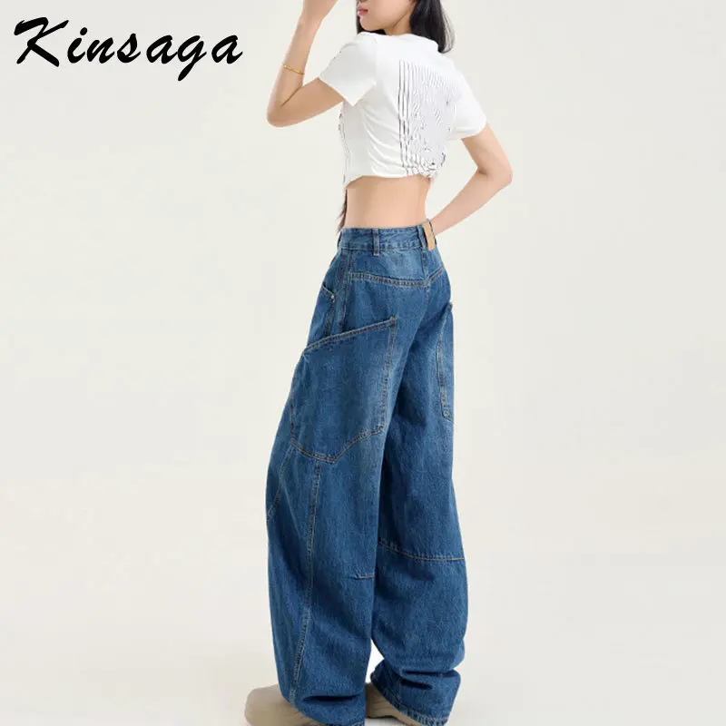 Girl Ultra Wide-leg Twist Banana Jean Streetwear Stiching Striped Barrel Leg Tapered Denim Jeans Culottes Pintuck Baggy Trousers