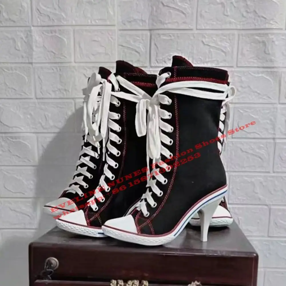 

Canvas Cross Tied Stiletto Mid-Calf Boots Pointed Toe High Increasing Sewing Patchwork Lace-Up Women Fashion Boot 2024 New Trend