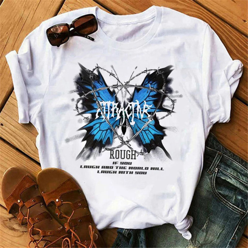 Women\'s Butterfly Tree Print Harajuku T-Shirt Round Neck Top Short Sleeve Casual Summer Tee Shirt