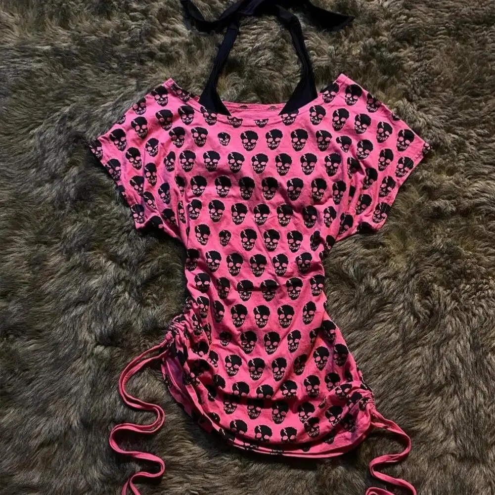 American Vintage Skull Print Drawstring Slim Waist Fake Two Pieces Short Sleeved T-shirt Summer Spicy Girl Y2k Halter T Shirts