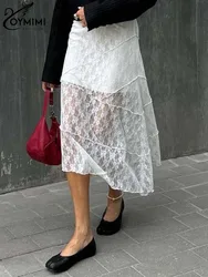 Oymimi Fashion White Lace Skirts For Women Casual High Waisted Straight Skirts Elegant Perspective Mid-Calf Skirt Female Clothes