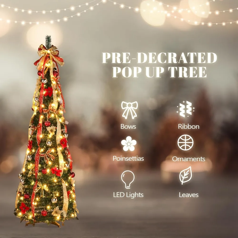 6ft vooraf verlichte pop-up kerstboom met verlichting, vooraf versierde kunstmatige potlood kerstboom opvouwbare kerstboom vakantiefeest