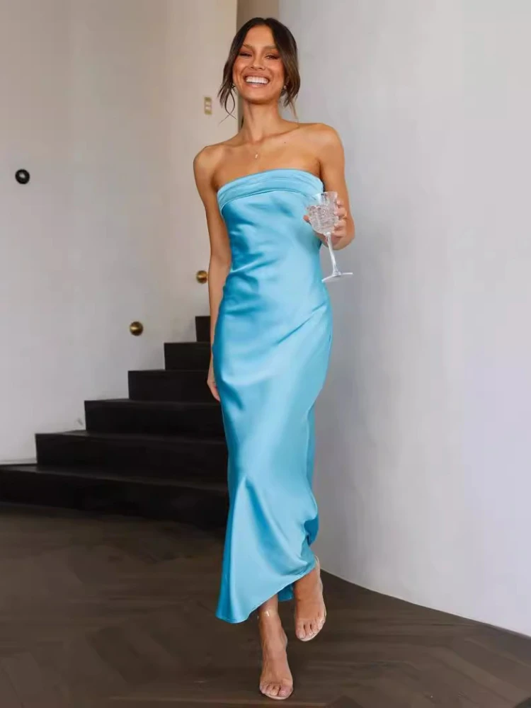 Neues trägerloses Satin-Maxikleid für Damen, aushöhlen, rückenfrei, Abendkleid, sexy Kleider, Vintage-Glamour-Party-Teppich, Luxuskleid