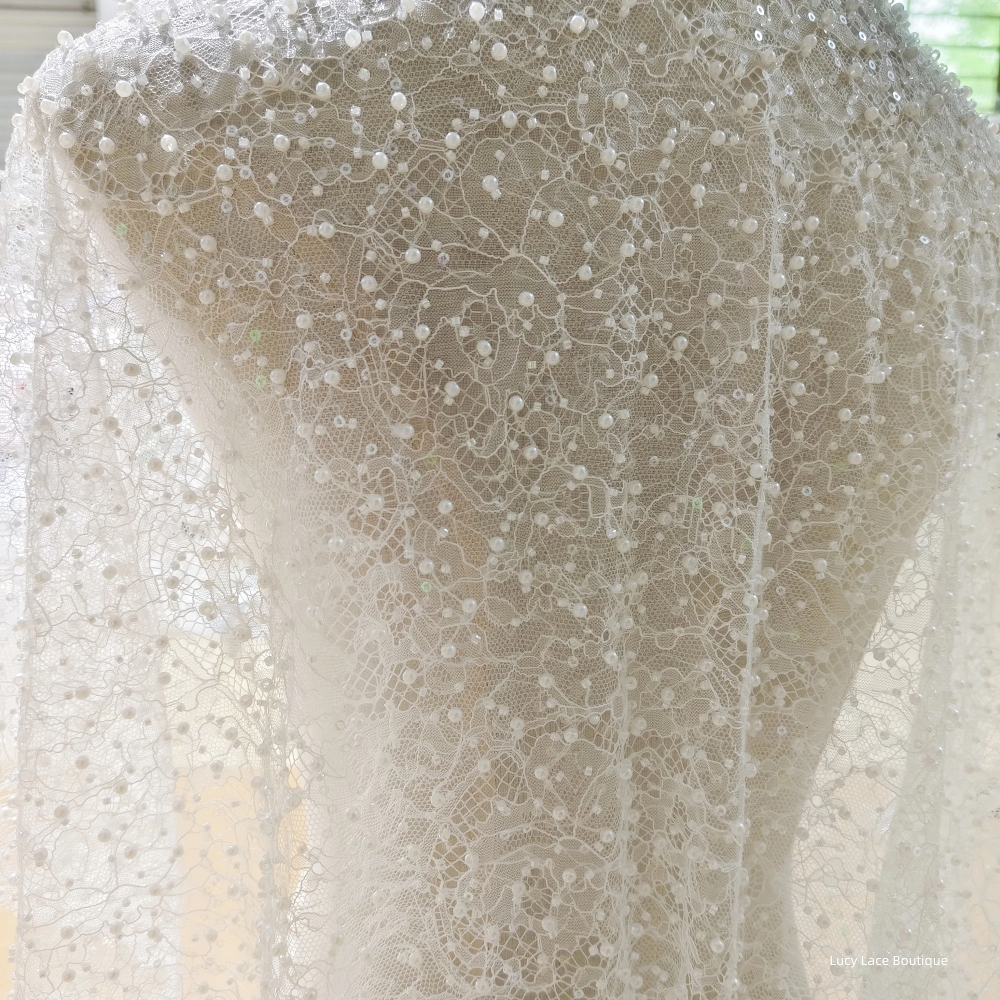 Pearls & Beads Lace Background Luxury Beading Lace Fabric Material Off White Wedding Bridal Dress Sewing Lace 130CM Wide 2024