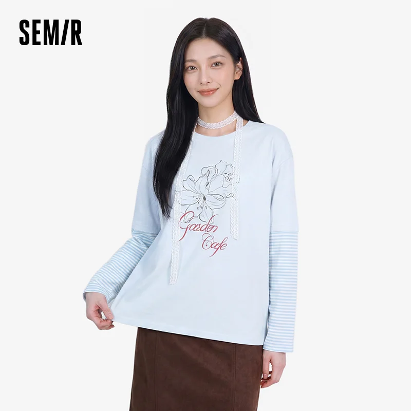 Women's Oversize Striped Faux Two-Piece Long Sleeve T-Shirt