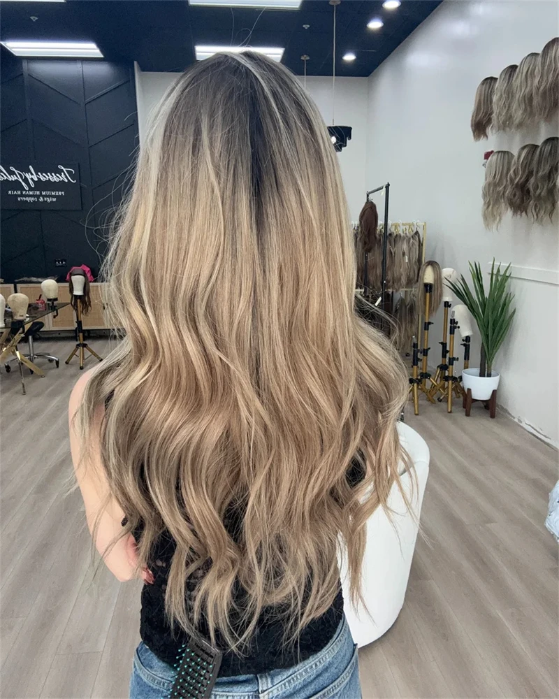 New Natural Dark Highlights Golden Blonde Wig Synthetic Lace Front Wig Glueless Pre Plucked Heat Resistant Fibre Long Wig Sale