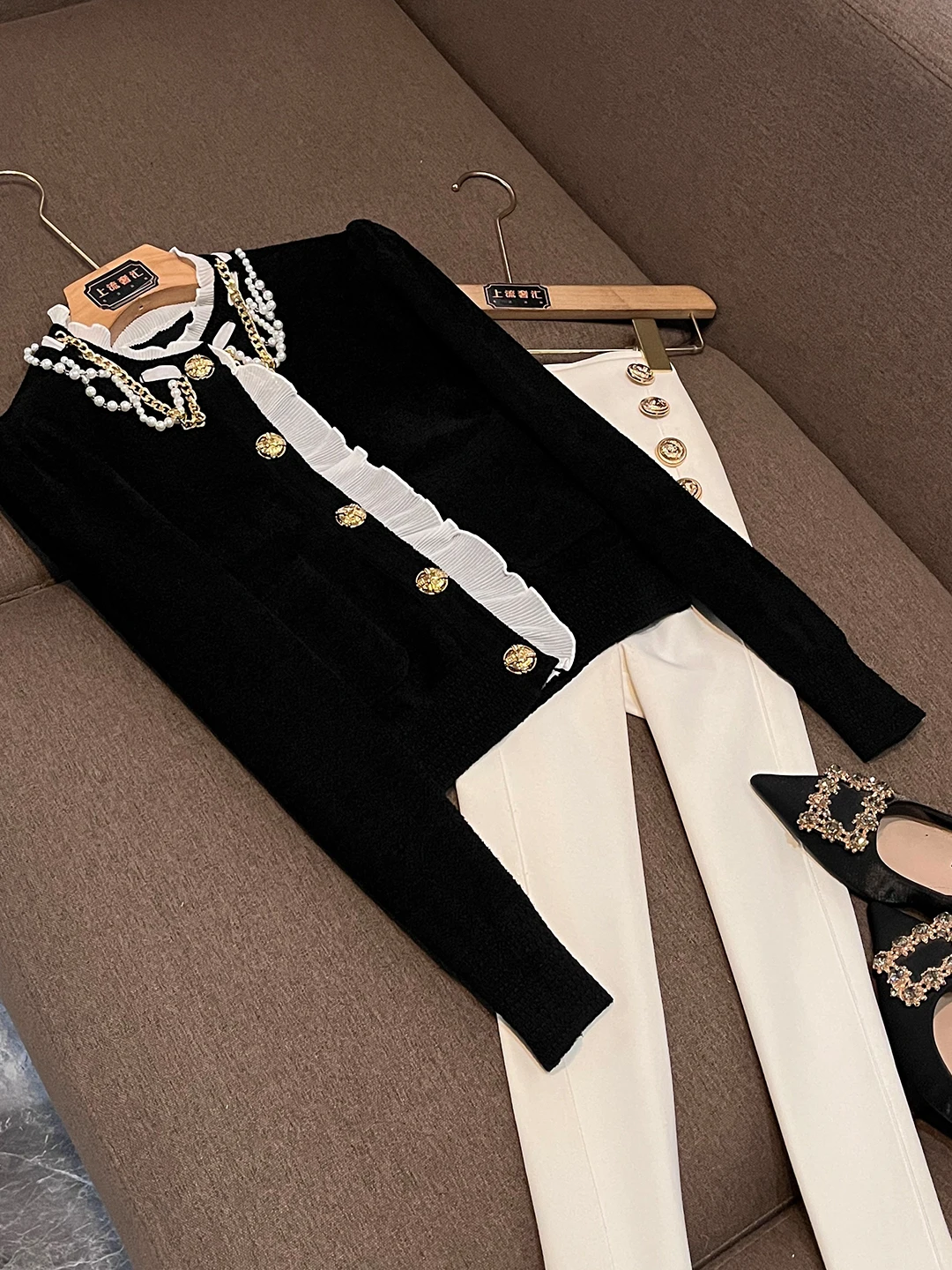 

Ele Knitted Open Cardigan with Ruffle Splicing Versatile Age-Defng Design Sense FX797 Briti Sle Loose Fit Long Sve