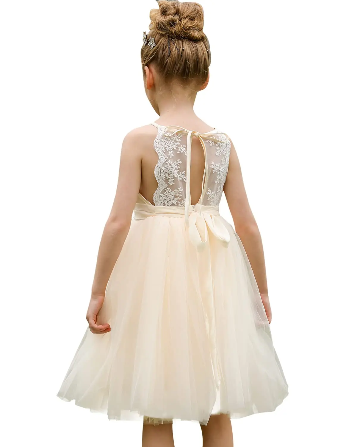 Vestidos de encaje con espalda de flores para niña, tirantes finos para niños, boda, cumpleaños, día del té, vestido de fiesta largo