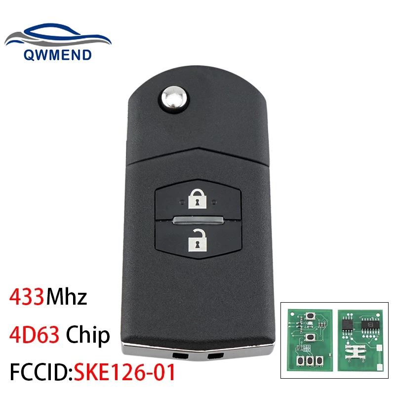 QWMEND SKE126-01 2 Buttons Smart Car Key for Mazda 3 6 CX-09 CX-10 Car Remote Key 4D63 Chip 433Mhz Flip Key for Car