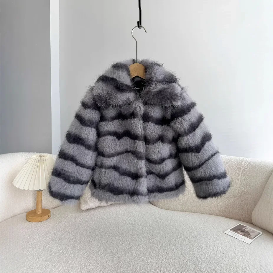 Girls Coat 2026 Autumn And Winter New Children's Clothing Korean Style Girl Baby Imitation Fur Fox Hair Striped Lapel Coat