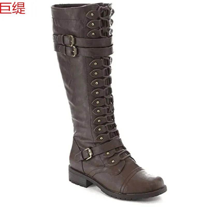 Knee High Women Boots Autumn woman shoes Winter Lace Up Vintage Flat Shoes Sexy Steampunk Leather Retro Buckle Ladies Snow Boots