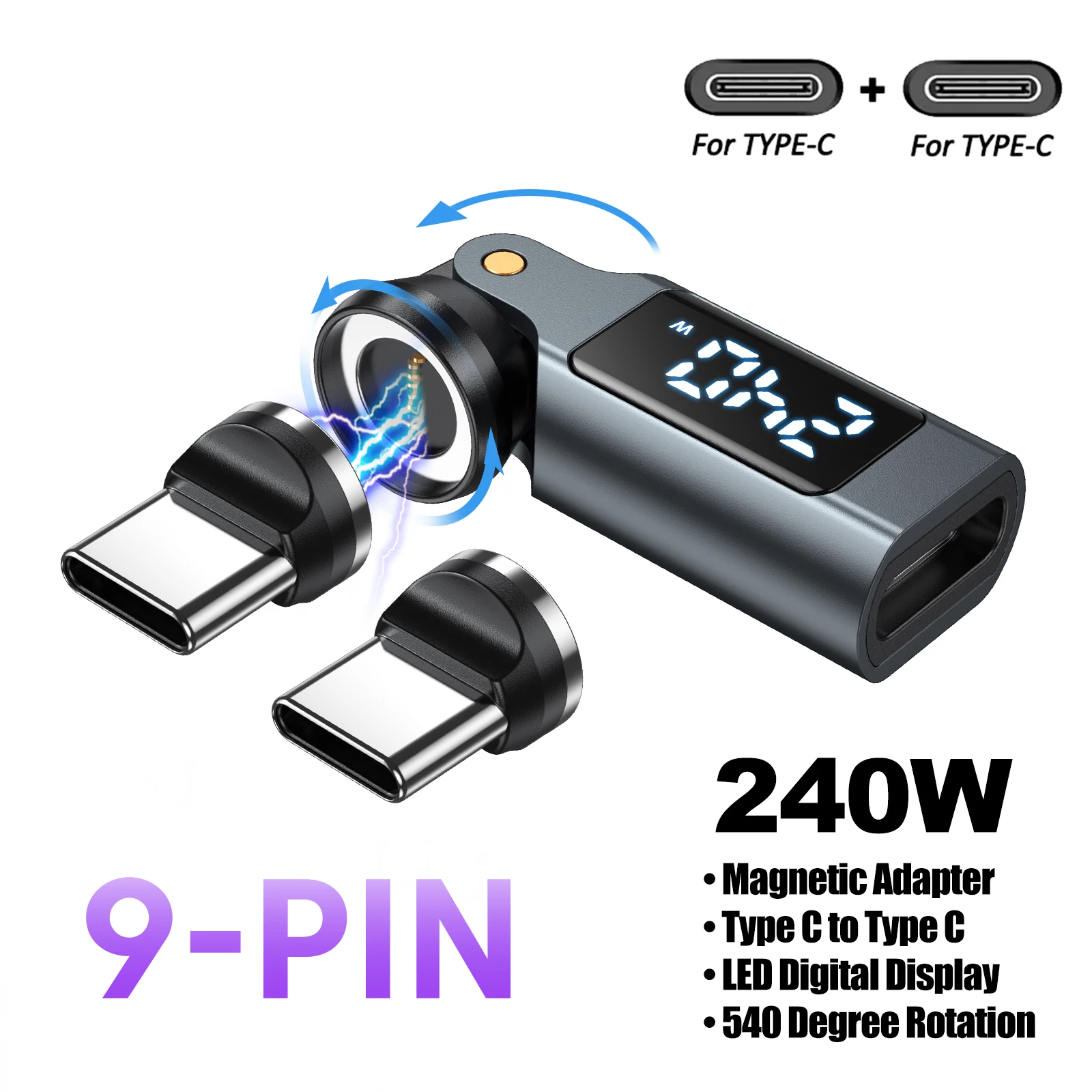 AUFU 9-Pin Digital-Display Magnetischer OTG-Adapter für iPhone 17, MacBook, Laptop, Xiaomi PD240W 5A USB-C auf Typ-C Micro-Stecker-Konverter