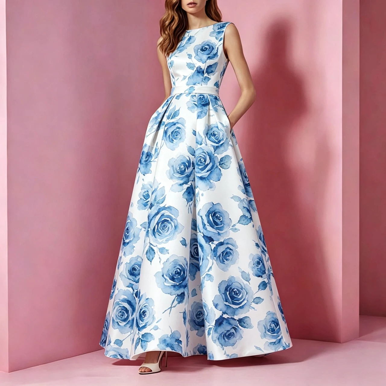 

Flower Print Long Dress Women Elegant Sleeveless O Neck Party Dresses Summer Chic High Waist A Line Long Party Prom Gown