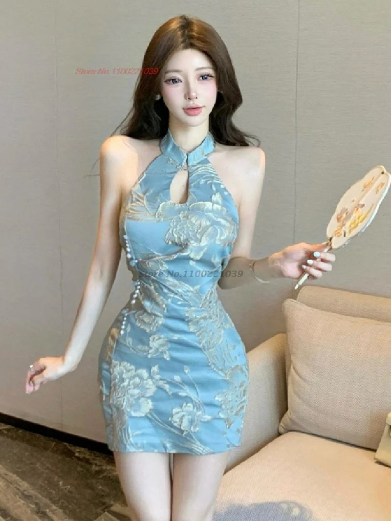 

2025 chinese nightclub dress improved off shoulder cheongsam flower embroidery sleeveless qipao hollow out dress bodycon qipao