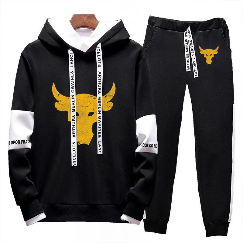 Dwayne Johnson Brahma Bull Tattoo Logo Print Spring Autumn Mens Fashion Tracksuit Splicing Casual Hoodies+Jogging Sweatpants Set