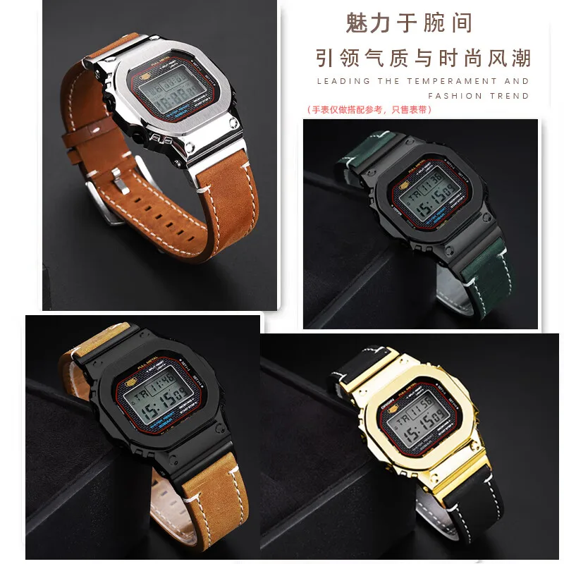Casio G-SHOCKおよびGMW-B5000シリーズ用の小さな正方形の時計ストラップ,レトロな牛革のおもちゃ,ゴールドとシルバーのレンガ,記念日シリーズ