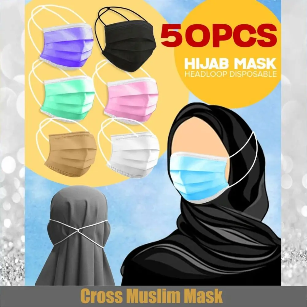 50pcs Head Loop Disposable Face Mask 3 Ply Black Adult Muslim Hijab Mask Anti Dust Crossed Protective Face Cover Four Seasons