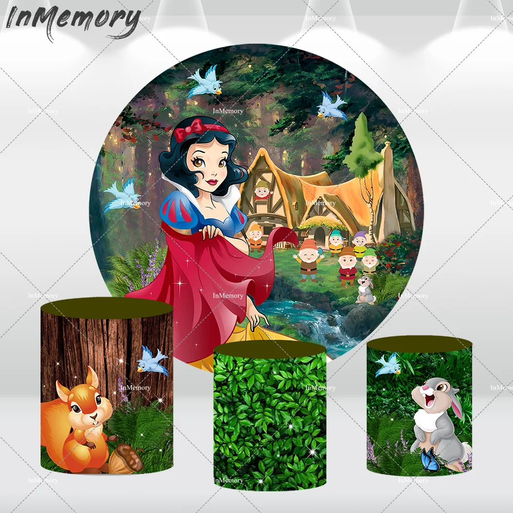 Princess Snow White Party Decoration for Birthday Round Backdrop Cover Girl Baby Shower Circle Background Fox Wood Plinth Covers