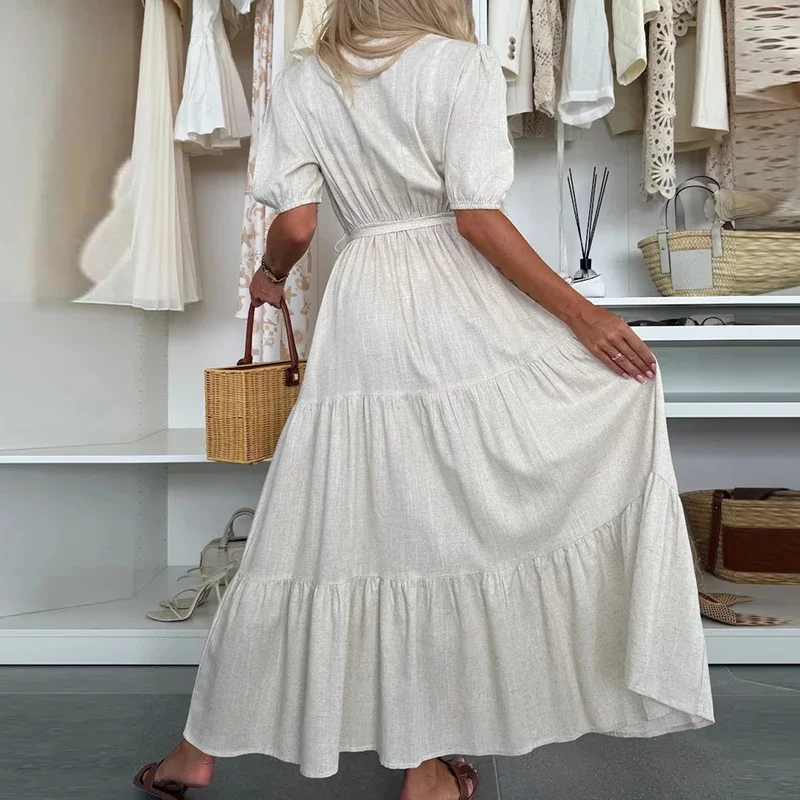 Vestido liso de retazos con mangas abullonadas, vestido Maxi de playa de verano, ropa bohemia elegante para mujer, vestido con cordón de media manga con cuello en V