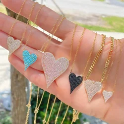 925 Sterling Silver Big Heart Pendant Necklace for Women Lady Girl Mirco Paved Shiny CZ Jewelry Gift with Adjustable Link Chain