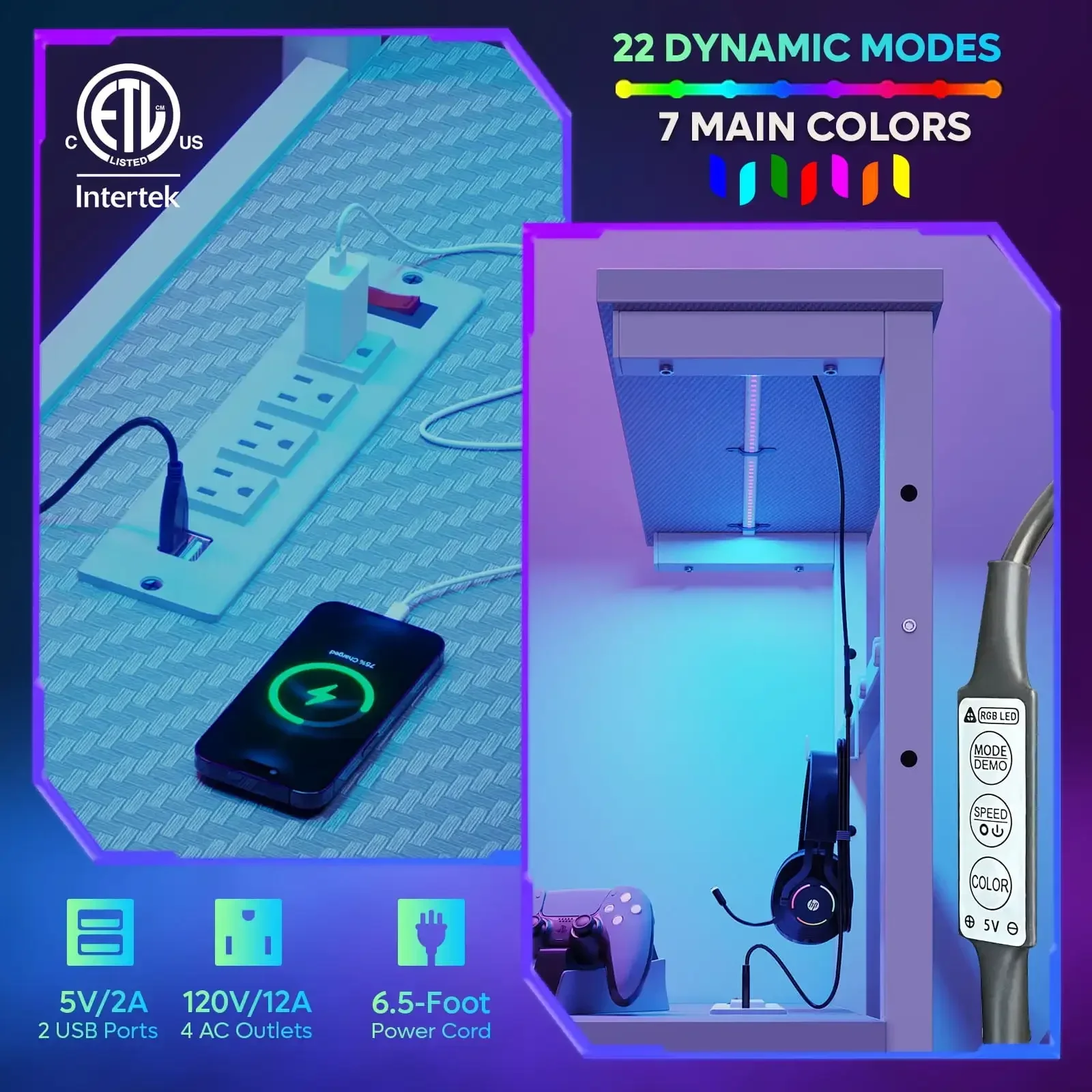 Meja Komputer Gaming Reversibel 61" dengan Meja LED Stopkontak dengan Rak 4 Tingkat, Serat Karbon Abu-abu