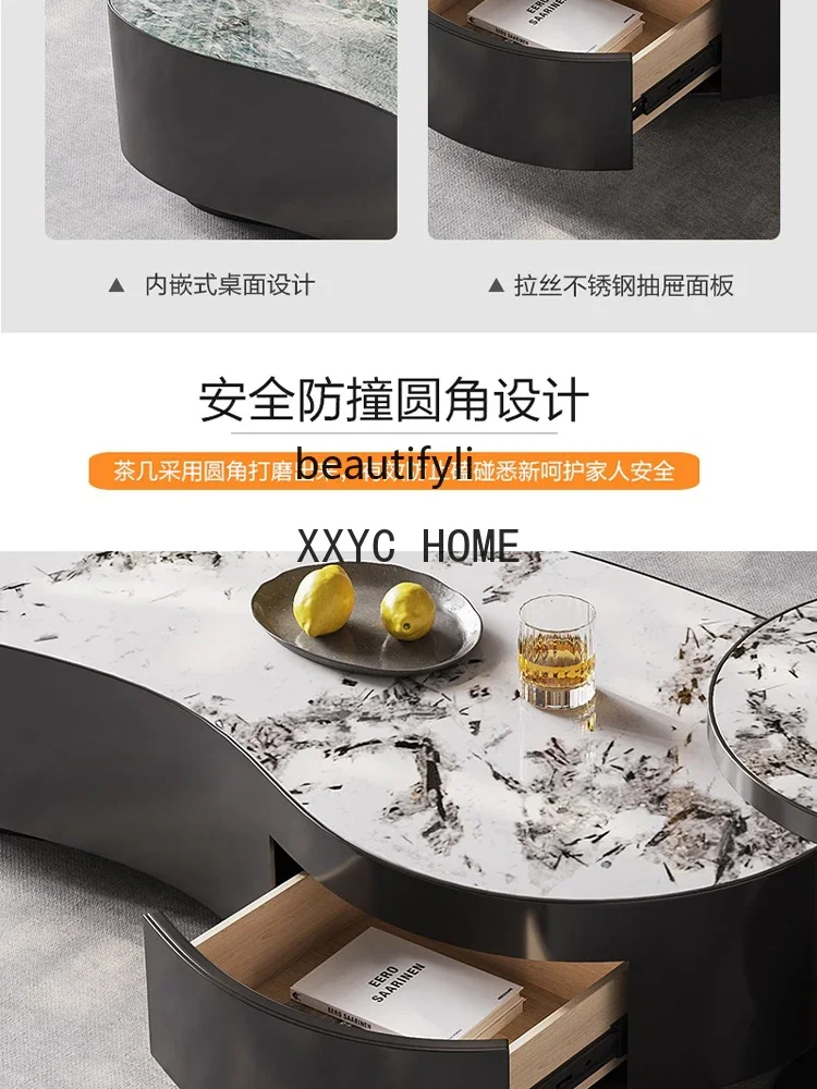 Italian-Style Light Luxury Special-Shaped Tea Table Combination Living Room Small Apartment Stainless Steel Stone PlateTea Table