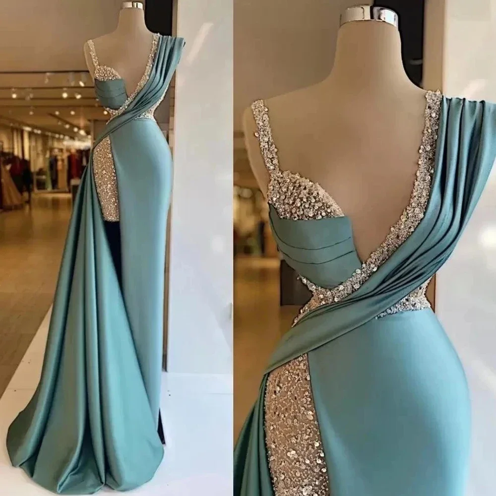 

Customized Sexy Elegant Luxurious Deep V-neck Sleeveless Sparkling Beading Off Shoulder Evening Dresses For Women Fashion Solid