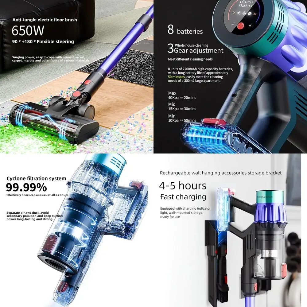 

650W 40KPA Cordless Vacuum Cleaner with 60 Mins Battery Life, LED Display, Self-Standing Dock, Anti-Tangle for Pet Hair and Carp