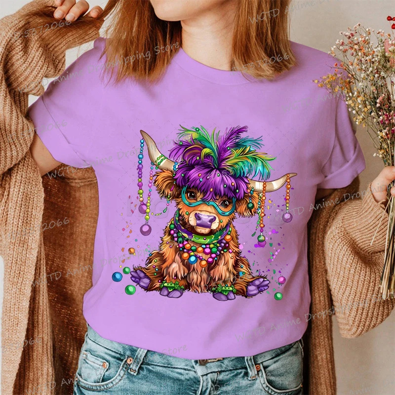 Mardi Gras Cute Mountain Cattle T Shirts Women Retro O-Neck Carnival T-shirts Fashion Mardi Gras Trend Streetwear Ladies Tshirt