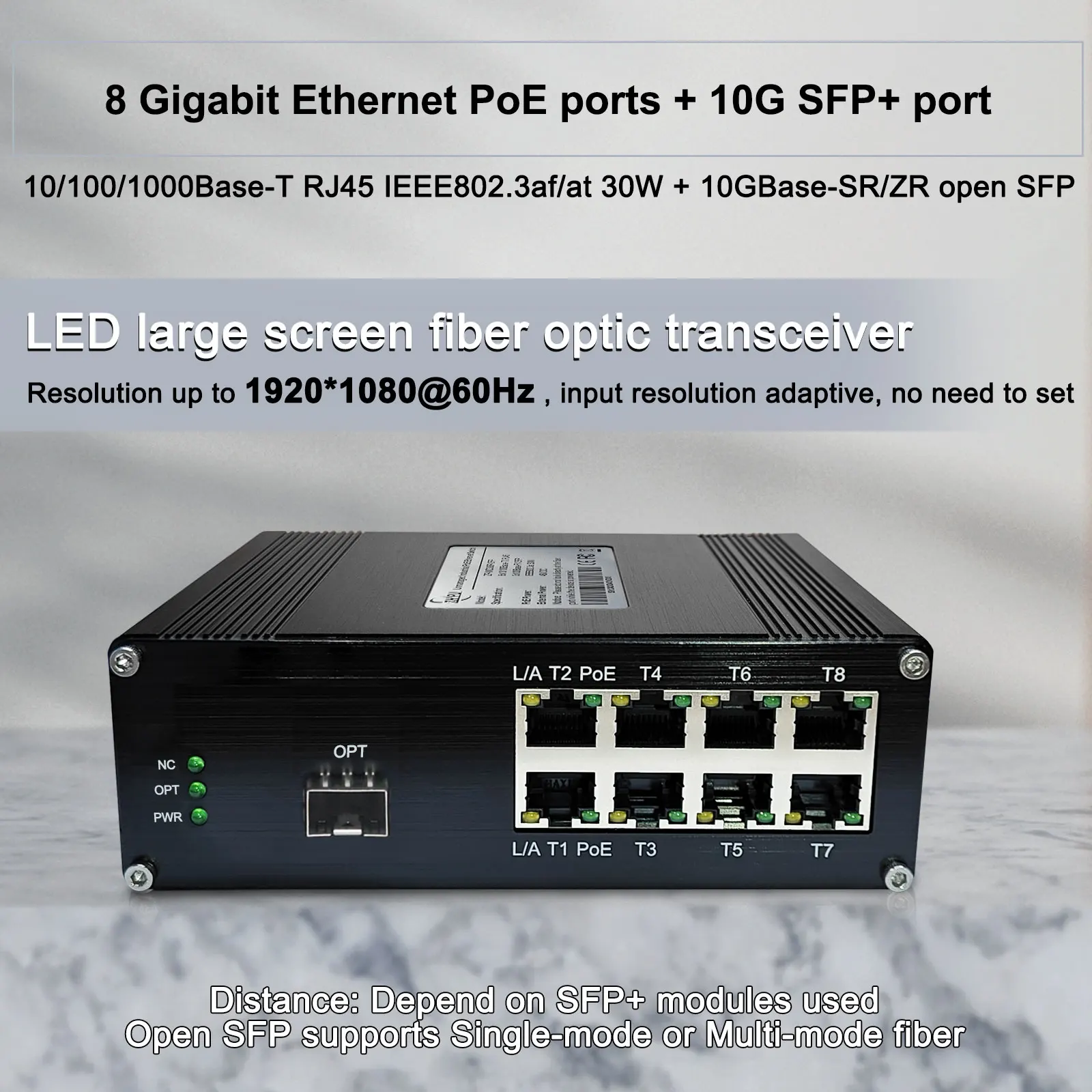 LED Screen Fiber Converter with 1x10G SFP+ Fiber Port + 8 x 10/100/1000M Ethernet RJ45 Ports