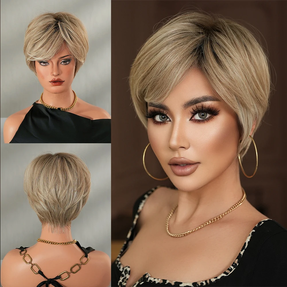 ผมสังเคราะห์สั้นหยิกสีน้ำตาลทองขนาด 8 นิ้วพร้อมหน้าม้าเป็นวิกผมทนความร้อนตามธรรมชาติเหมาะสำหรับงานปาร์ตี้ประจำวันของผู้หญิง