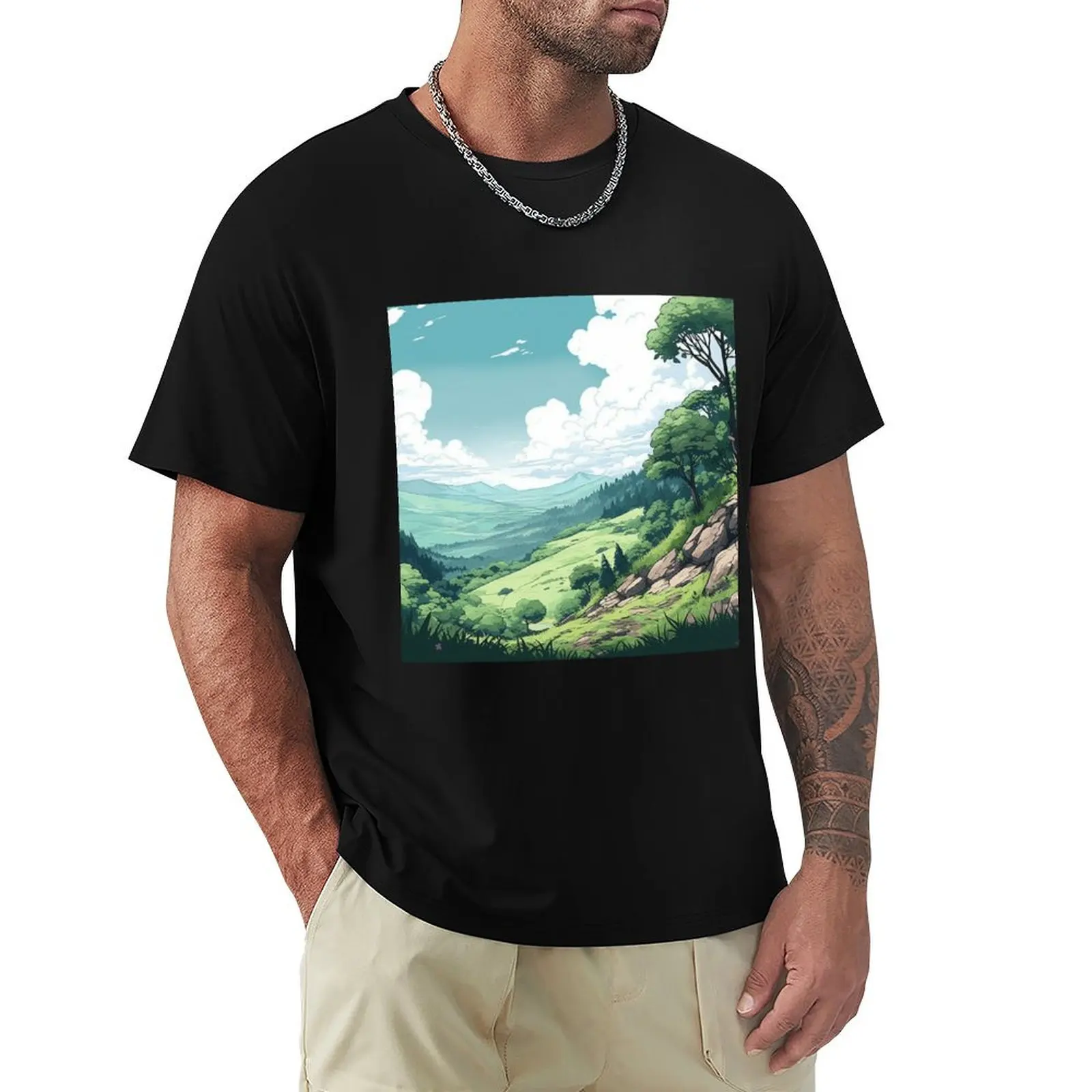 Ghibly Landscape Anime Digital art T-Shirt custom t shirt street wear aesthetic clothes blacks big and tall t shirts for men