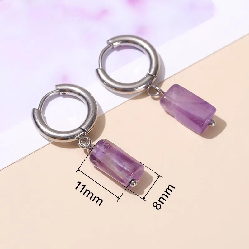 Change Better Natural Aquamarine Cylinder Shape Drop Earrings Women Amethyst Stainless Steel Hoop Dangle Earring Couple Gifts