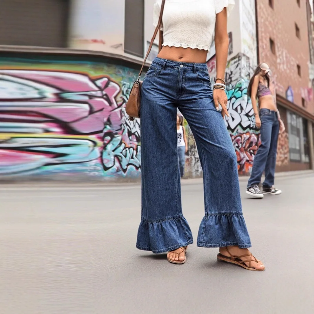 New Slim-fit High Street. Long Pants, Solid Color Loose Flared Jeans,   Long Denim Pants. For Women. For All Seasons Luxury