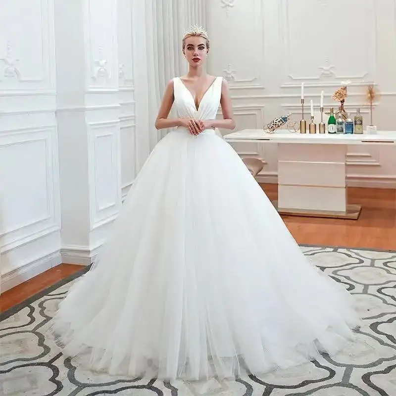 

Customized Princess Ball Gown Real Photos Wedding Dresses V-neck Sleeveless Simple Robe De Maria Vintage Bridal Dress In Stock