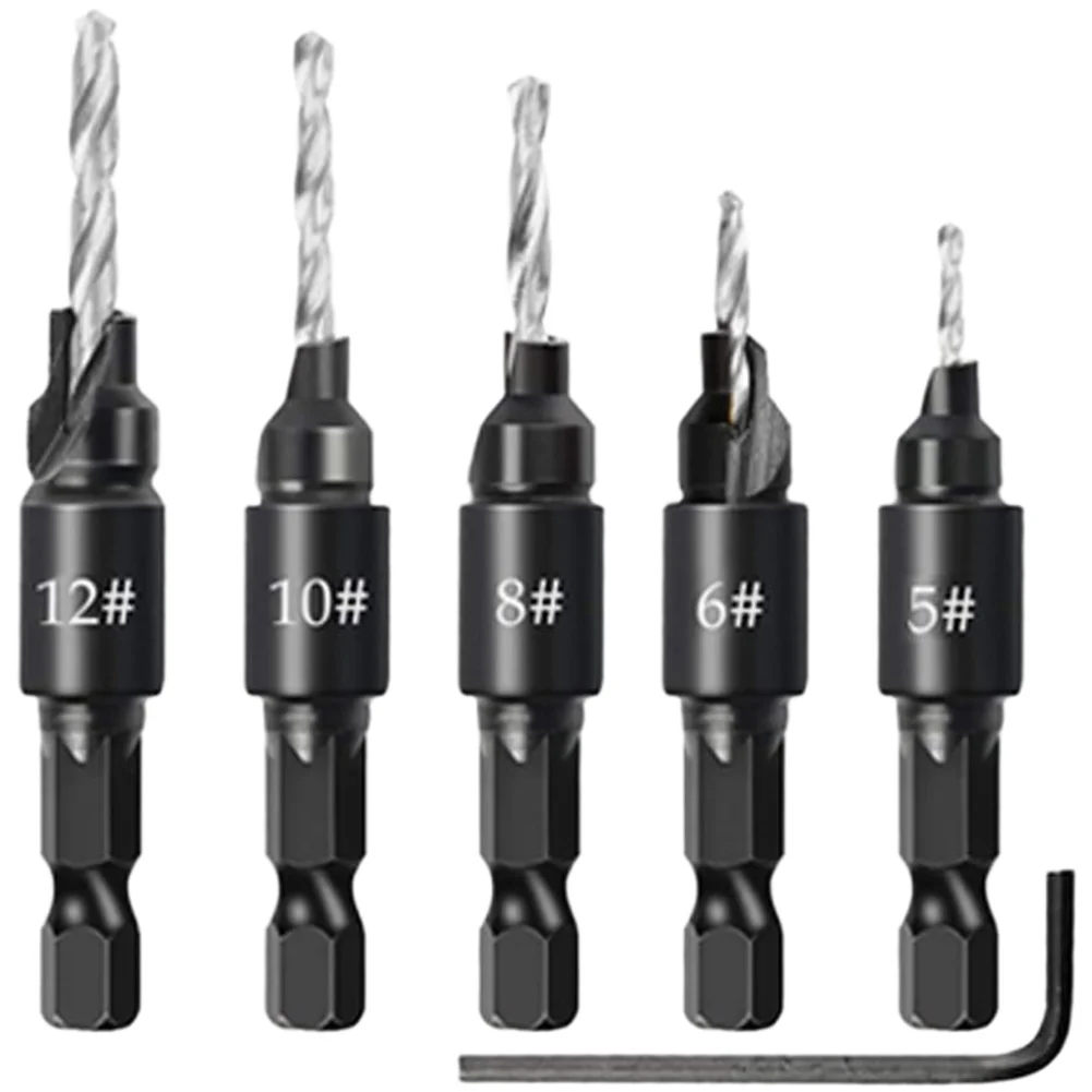 6pc Wood Drill Bit Countersink Set Includes 5 HSS Replaceable Bits for Precise Screw Head Concealment in Joinery
