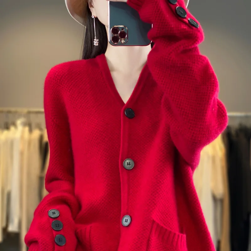 

New 100% merino cashmere sweater in autumn and winter, women's V-neck thickened solid color cardigan, loose knit casual coat.