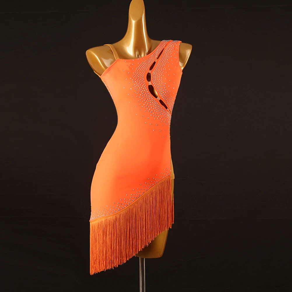 Pomarańczowy kostium do tańca latynoskiego Damski frędzel Rhinestone Fioletowy Backless Tango Sukienka Bez rękawów Pasek Samba Czarny Nowa scena