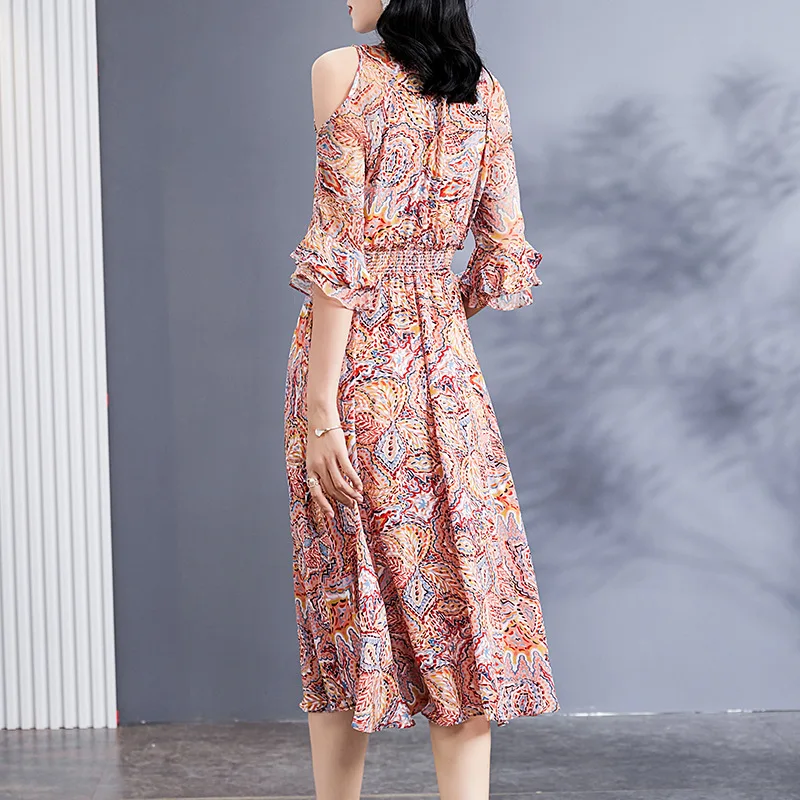 Summer New Floral Soft Pure Mulberry Silk Dress Swing Slim A-line Pullover Ladies Vacation Style Off-the-shoulder Thin Dresses image 3