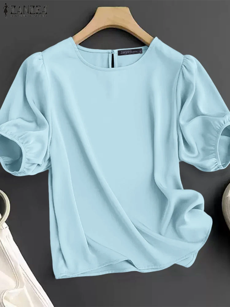 

2025 Women Summer Blouse ZANZEA Casual Short Sleeve Solid Work Shirt Stylish Office Satin Tops Elegant O Neck Loose Blusas Tunic