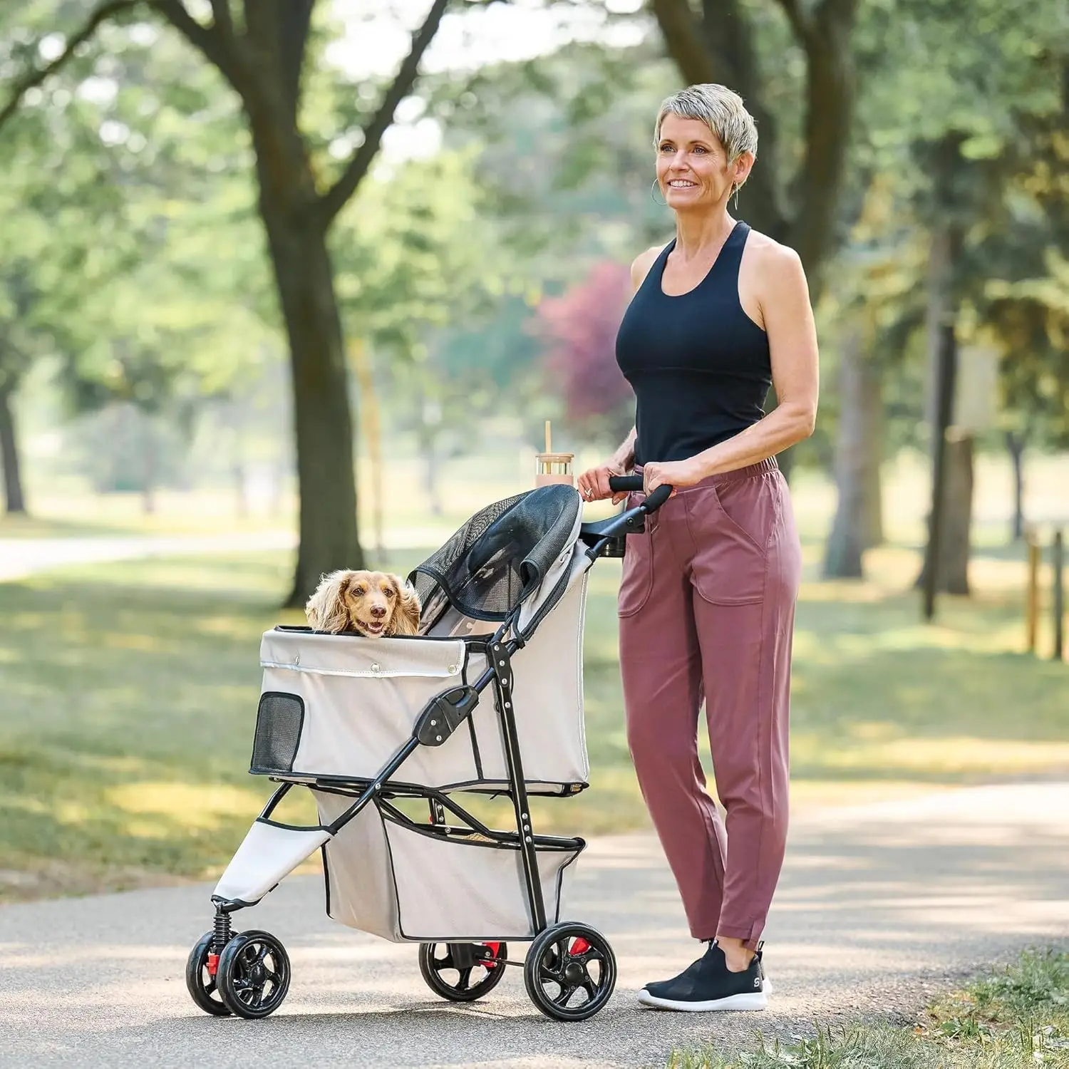 Outdoor Pet Strolls! Khaki Pet Stroller with 360 Degree Front Wheel Swivel, Rear Wheel Brakes, Reflective Trim