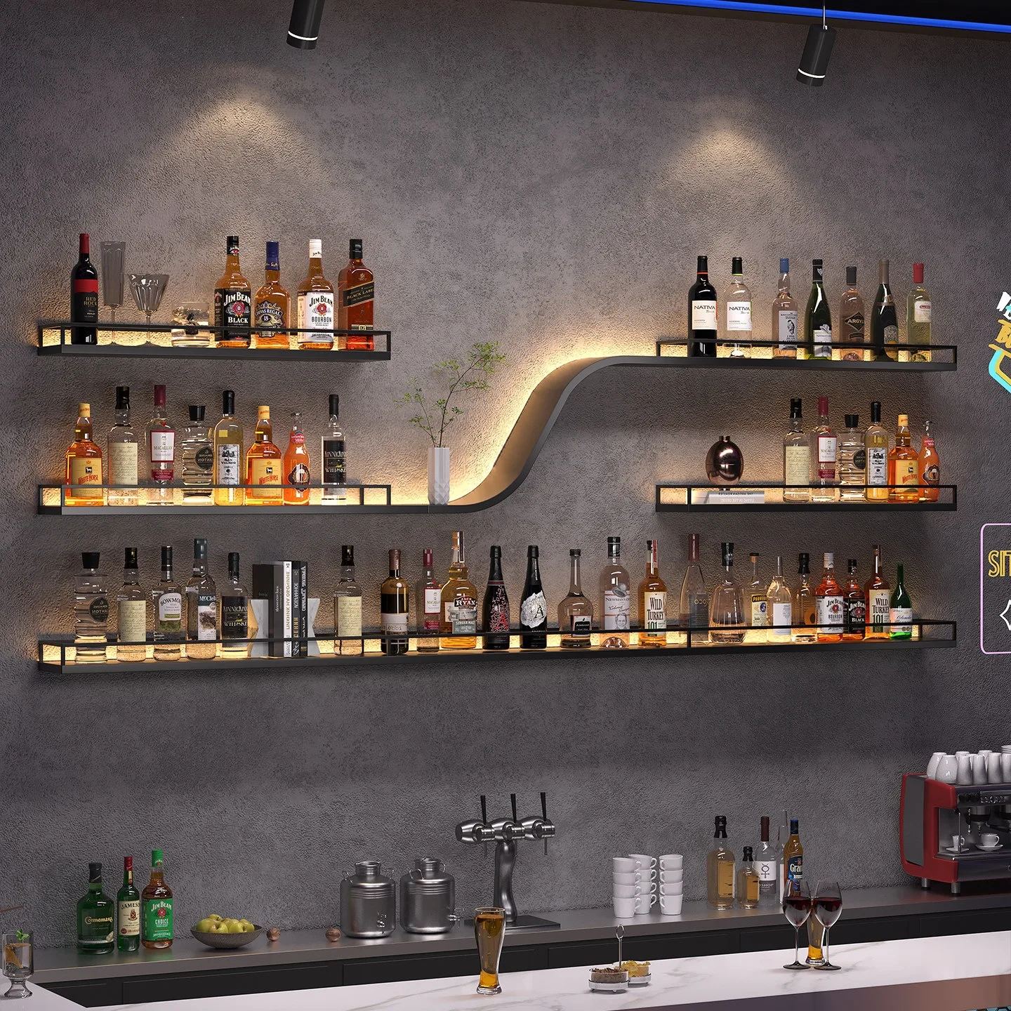 Bar Bar Counter Wrought Iron Wine Rack Wall Mounted Shelf Bar Restaurant Wall Display Rack Industrial Style
