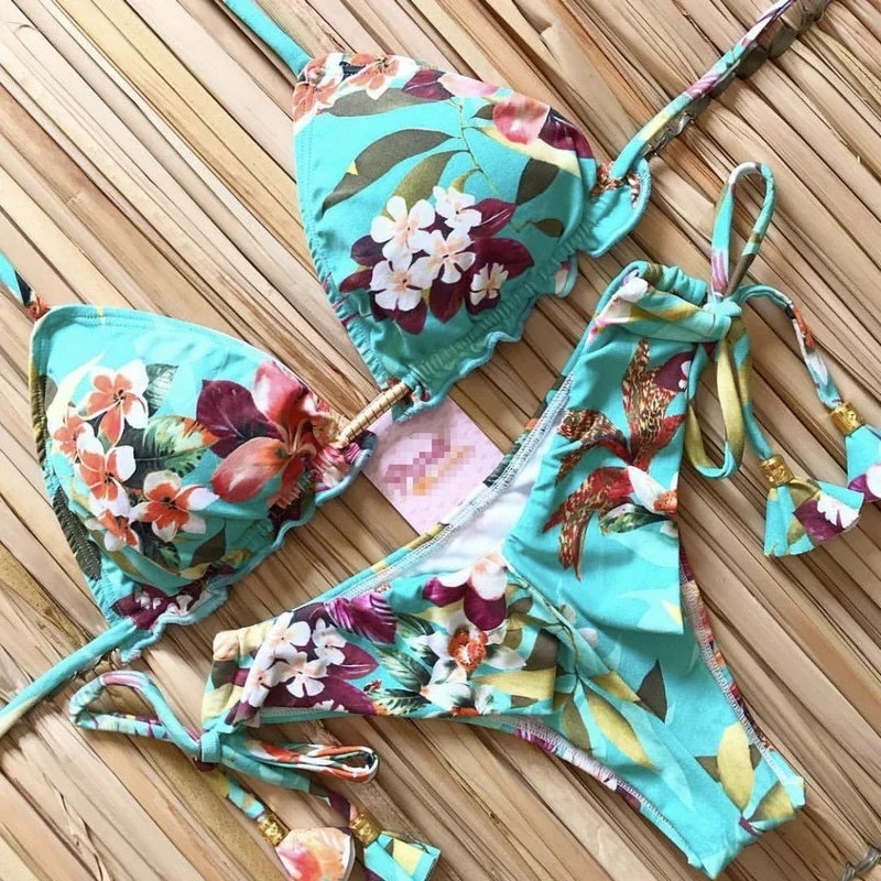 Seksowny kwiatowy Print strój kąpielowy 2 sztuk stroje kąpielowe Push Up Micro String Bikini zestaw wyściełane kobiety stringi brazylijskie stroje