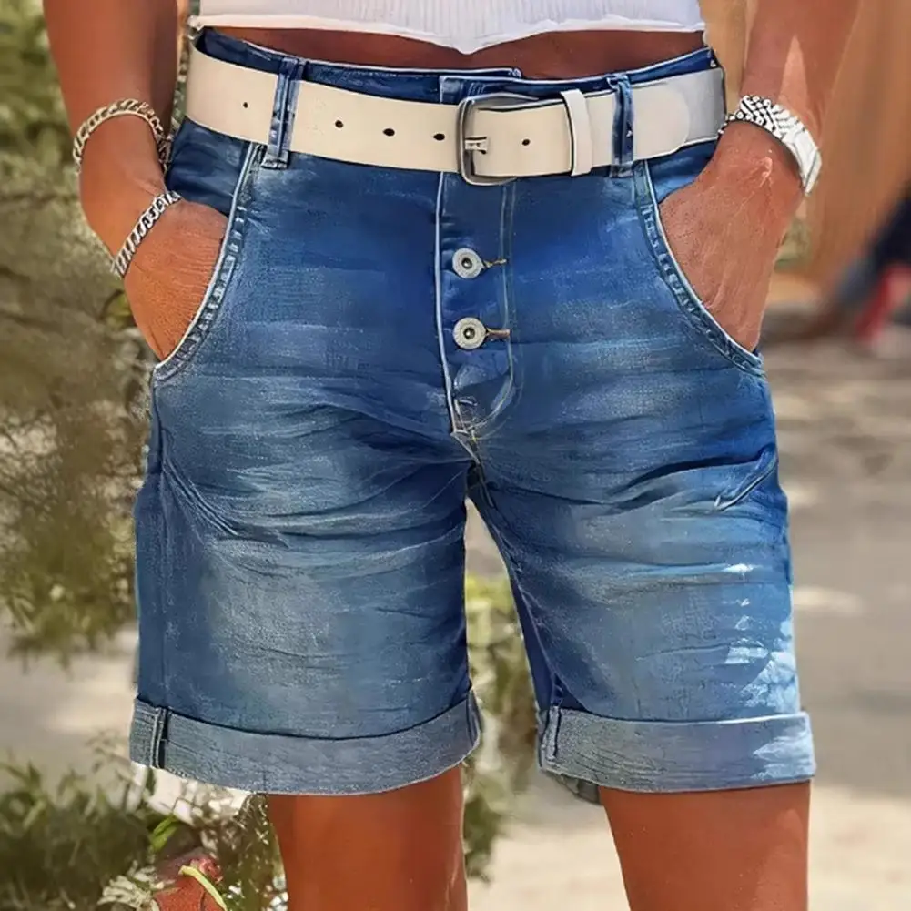 2026 Women Denim Shorts Button Closure Denim Trousers High Waisted Rolled Cuff Shorts Slimming Bermuda Stretch Jean Shorts 80%