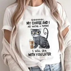 Coffee Cat Print Women Clothes Angry Cat Lover Female Tops Tee Tshirt Fashion Anime Cartoon Tees Ladies Graphic T-Shirt Y2k Tops