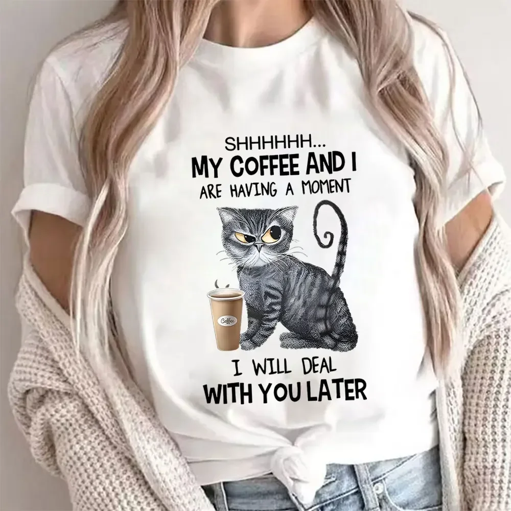 Coffee Cat Print Women Clothes Angry Cat Lover Female Tops Tee Tshirt Fashion Anime Cartoon Tees Ladies Graphic T-Shirt Y2k Tops