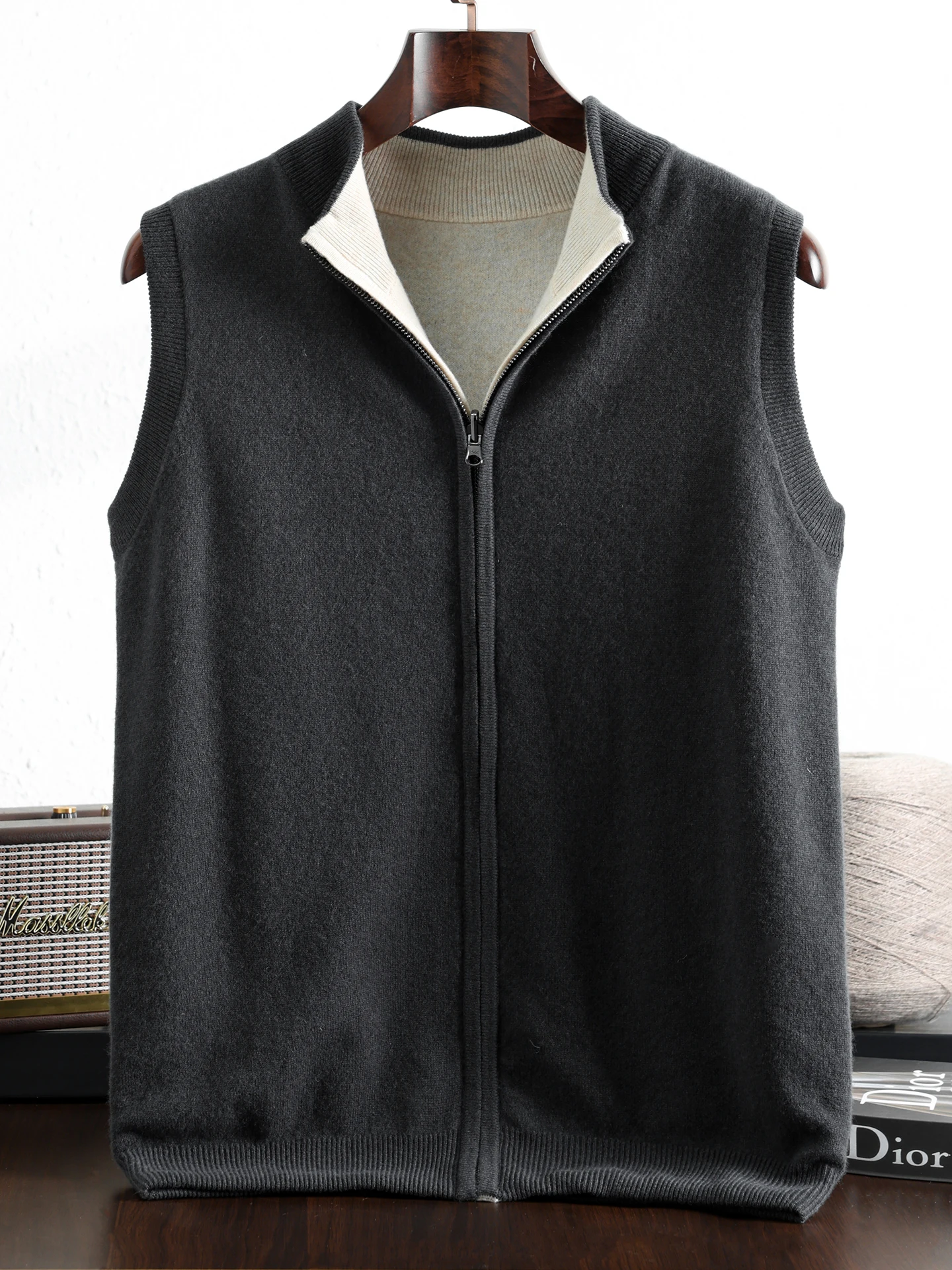 New Smart Casual Men 100% Merino Wool Sweater Vest Autumn Winter Man Knitwear Thick Cardigan Double Sides Cashmere Clothing Tops
