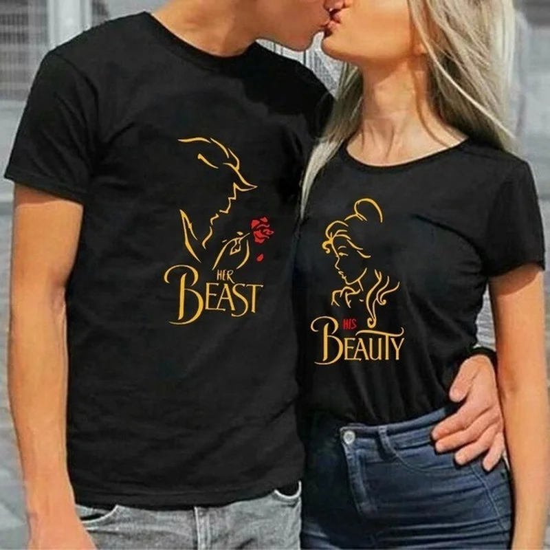 

King Queen Couples T Shirt Beast Beauty Print Couple Tshirt Summer Fashion Woman T-shirt Casual O-Neck Tops Lovers Tee Shirt