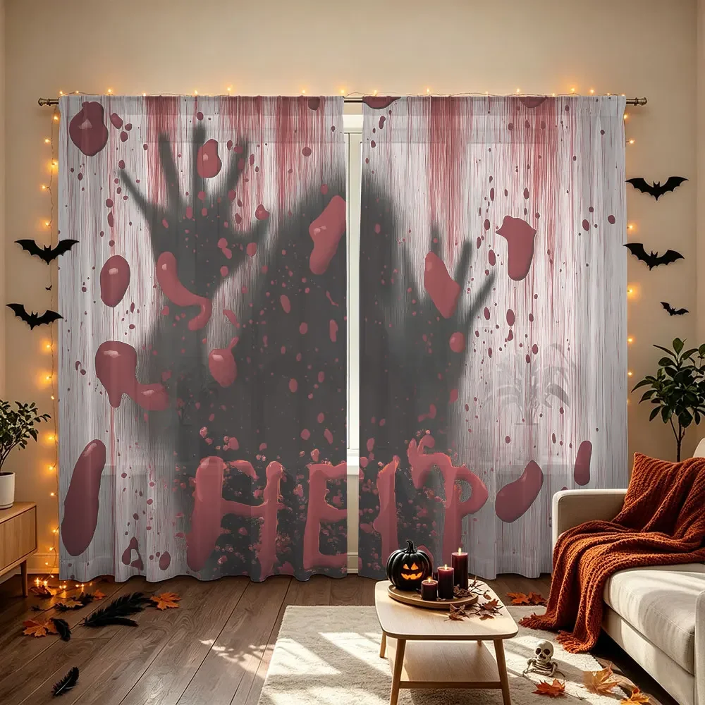 2pcs 90g brushed fabric curtain rods with terrifying bloody handprint and HELP pattern on the T-shirt suitable home decoration