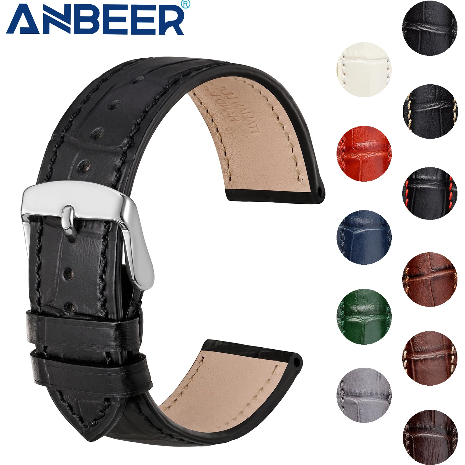 

ANBEER Alligator Texture Leather Watch Strap 14mm 18mm 19mm 20mm 21mm 22mm Watch Accessories Watch Band Silver Buckle